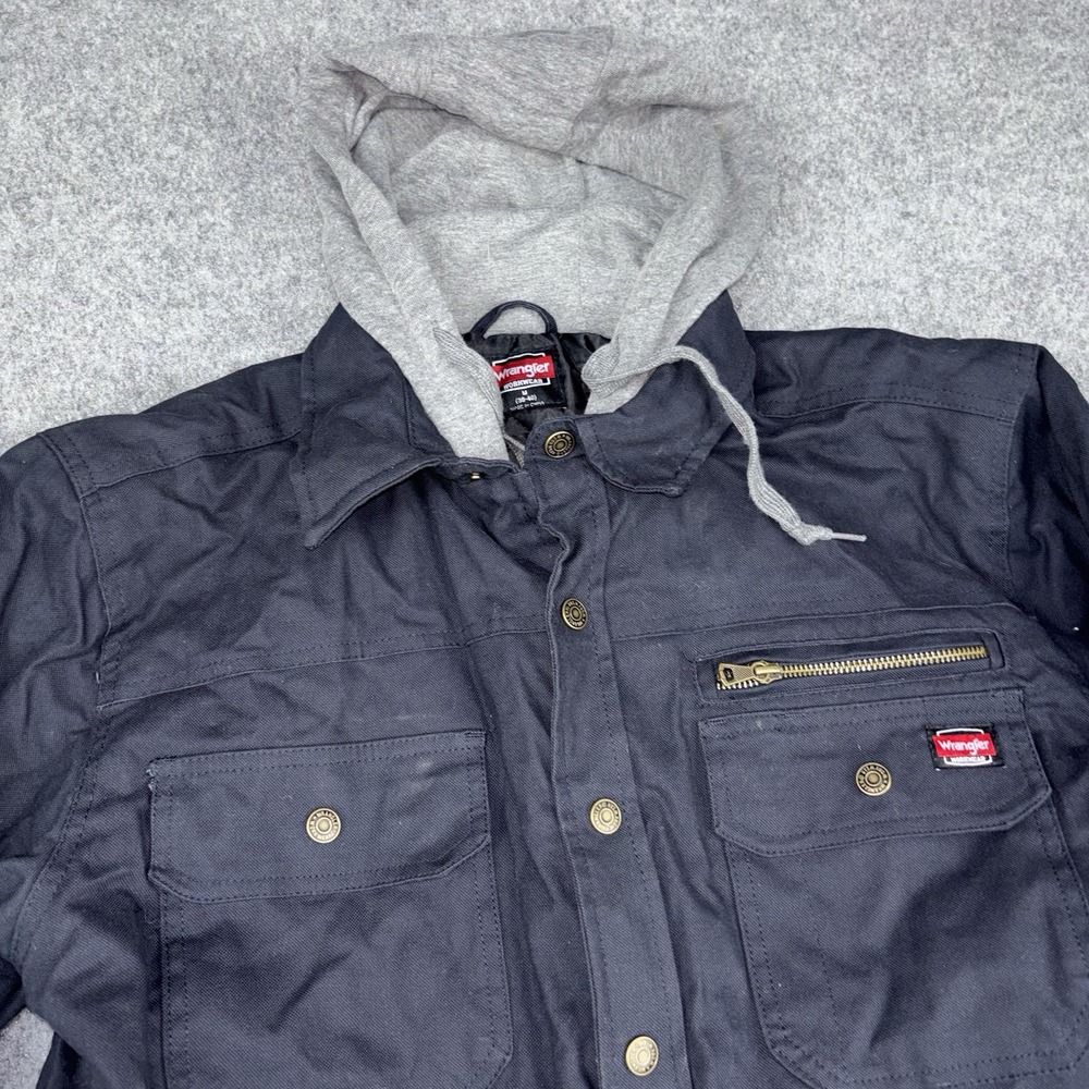 Wrangler Workwear Jacket Men's Medium Blue Hooded Quilted Lined Canvas Full Zip